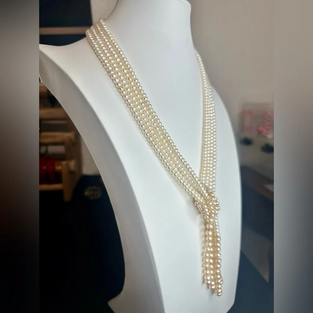 Multi-strand white cultured pearl lariat necklace with silver spacer beads, - Picture 3 of 7